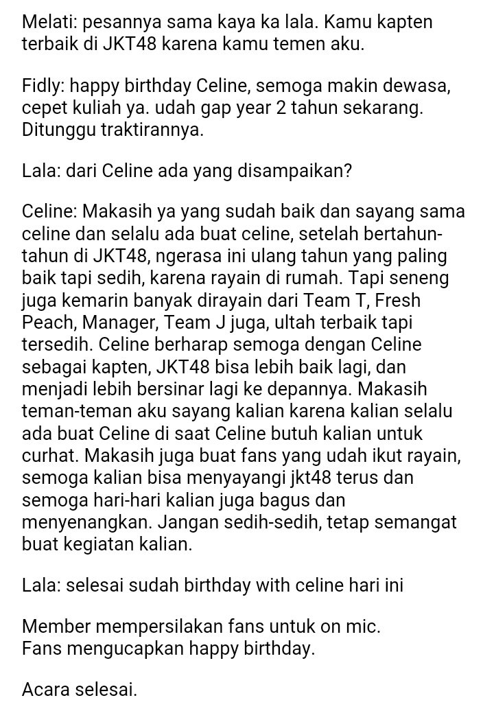 CelinesseWorld's tweet photo. Terima kasih untuk teman-teman yang sudah ikut acara Birthday With You bersama @Celine_JKT48 hari ini.
Terima kasih juga untuk @N_LalaJKT48 @Fidly_JKT48 @Melati_JKT48 dan admin yang bertugas.

Berikut rangkuman acaranya ya. 🎵💕😊🎂

Jaga kesehatan ya semuanya!
#Celine19thLevel https://t.co/qT5fSjH6x1