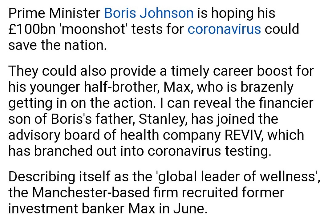 Extraordinary story about Johnson's half brother looking to get in on the £100bn 'Moonshot' bonanza. Exactly why we *must* have transparency around who Government proposes to give that money to and why.Please support our attempt to do just that  https://www.crowdjustice.com/case/operation-moonshot/