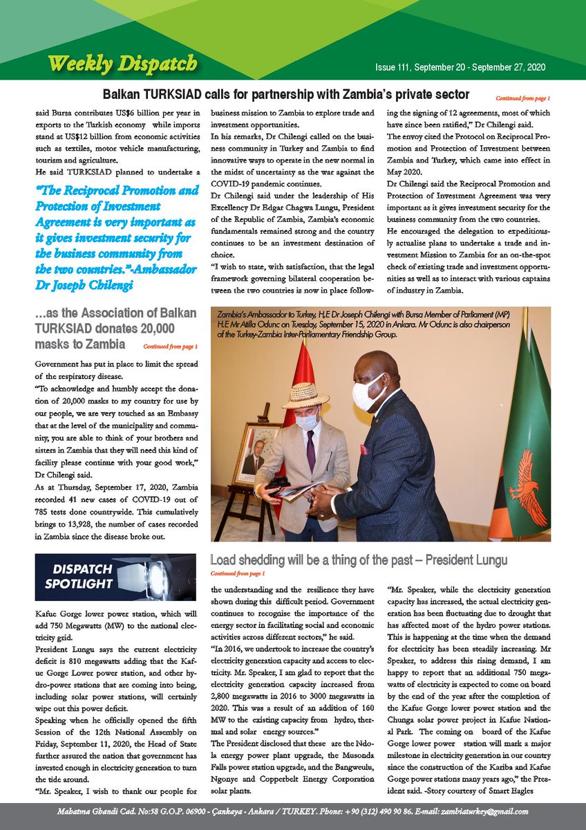 Enjoy reading the 111th Edition of the Weekly Dispatch (English and Turkish) versions.

For more information  visit our website zambiaembassy.org.tr