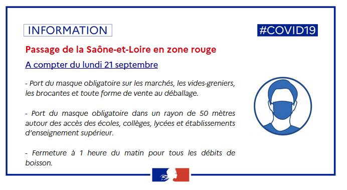 #COVID_19 La Saône-et-Loire passe officiellement en zone rouge🔴 dite "circulation active du virus" par décret n°2020-1153 du 19/09. Le préfet de Saône-et-Loire a décidé la mise en place de nouvelles mesures applicables à compter de lundi 21/09. 👉cutt.ly/yfJnALs