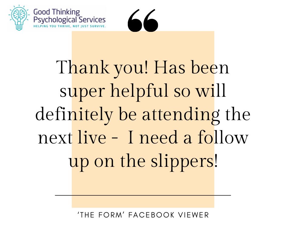 Another lovely piece of feedback about my Facebook Live. If you watched on 14/9 you’ll know about the slippers! If not, watch replay! The next Fb live is on Mon 21/9/2020 at 7:15pm. 

#facebooklive #assistantpsychologist #assistantpsych #clinicalform #trainee #traineepsychologist