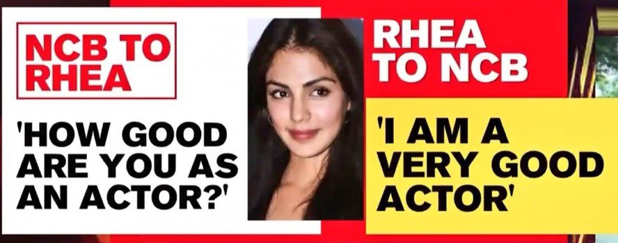 rupali2312's tweet photo. NCB To Rhea - How Good are you as an actor? 

Rhea to NCB - "I am very Good actor"

NCB to Rhea -kindly don't act Here, you will get into more trouble 

Rhea to NCB - admits she was Tutored to deny consuming drugs 

😂😂😂😂 HAIL ON NCB ! 

#SSRDishaHomicide https://t.co/hnN1wqyIQU