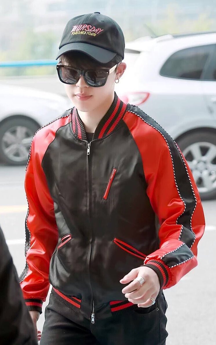 Vmin in red black leather varsity jacket