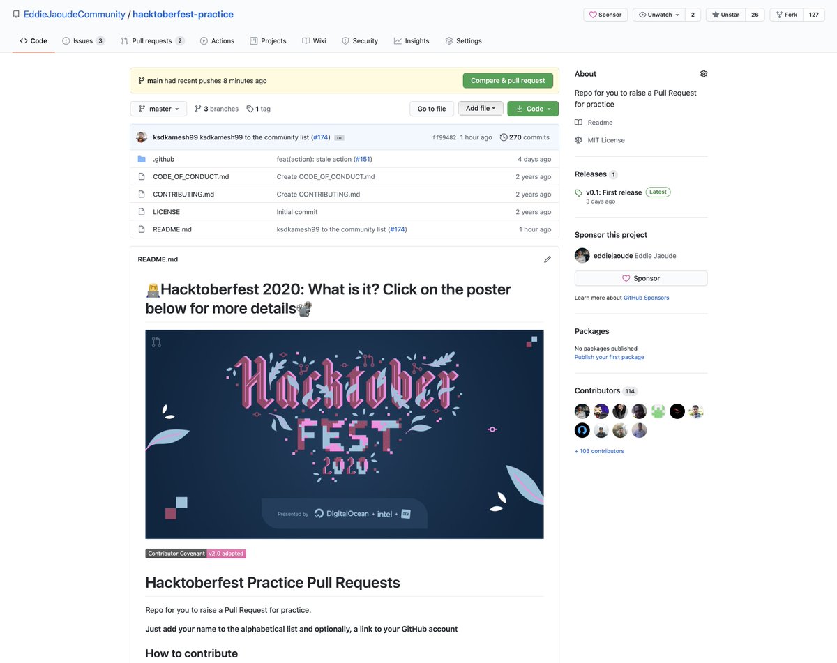 eddiejaoude's tweet image. #Hacktoberfest is coming! Want to practice the flow of creating a #PullRequest, we have a practice repo for this
1. fork
2. branch
3. add your name
4. commit + push
5. create pull request
Note: this repo will be "archived" during October
#GitHub #OpenSource #DigitalOcean