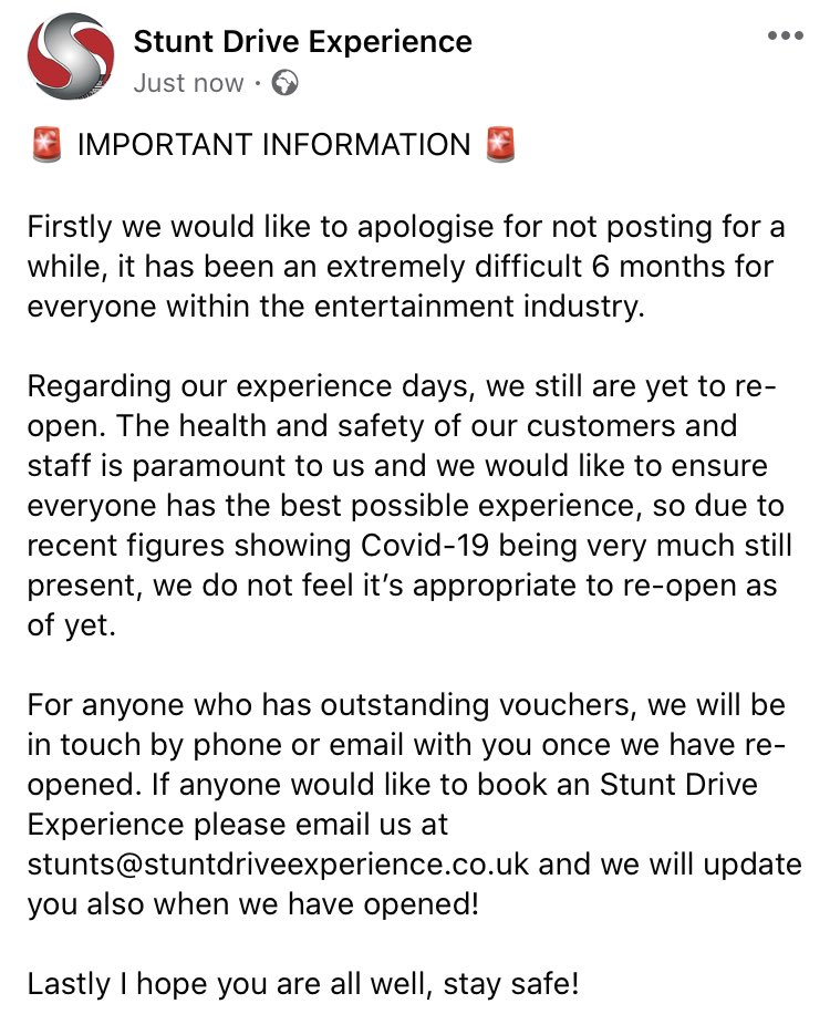 StuntDriveEx's tweet image. Covid 19 Update

#StuntDriveExperience #StuntDrive #ExperienceDay #DrivingExperience #Covid19Update #Covid_19 #Update #CustomerCare