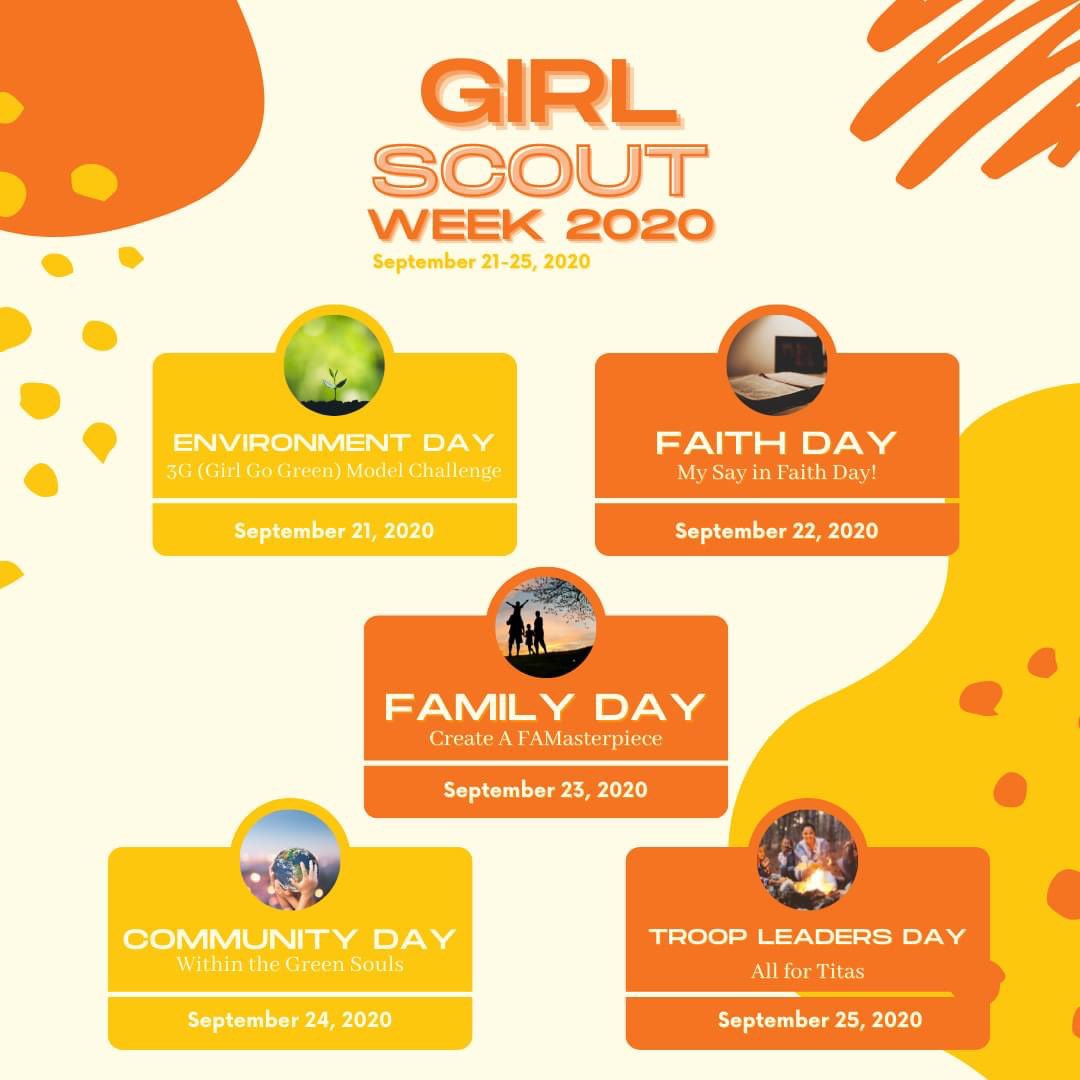 gsp_iriga's tweet photo. Hello, Girls in green!

Happy Girl Scout Week! Are you ready for the Fantastic activities that we prepared? 

September 21-25, don’t forget to save the dates, have an amazing week girls!!! 💚

#GSPWeek2020
#GirlScoutPH
#GSPIrigaCityCouncil https://t.co/3aGnSVPkKl