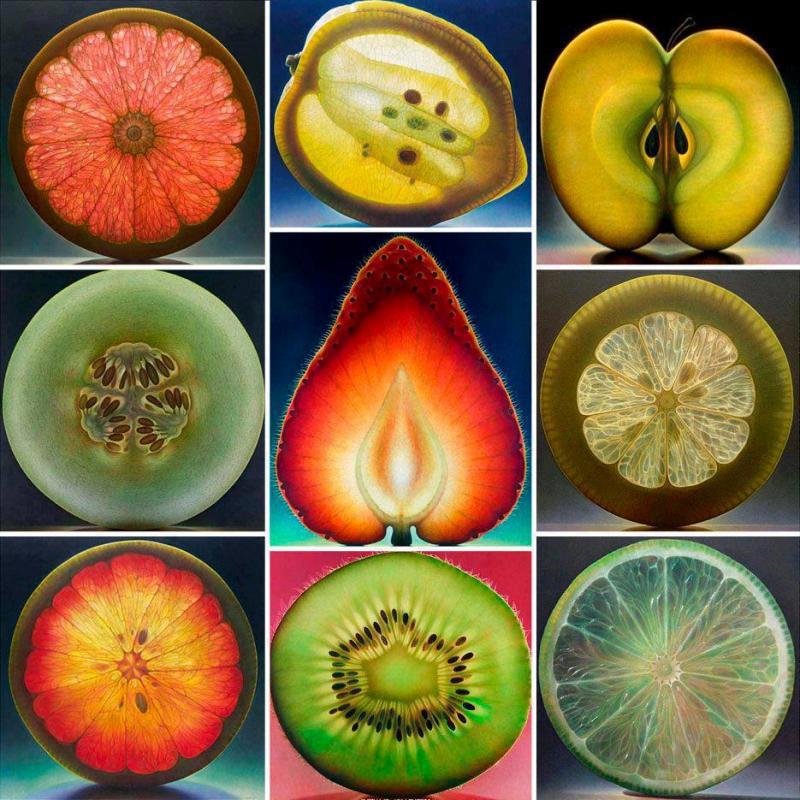 Geometric patterns in the cross-sections of fruit.