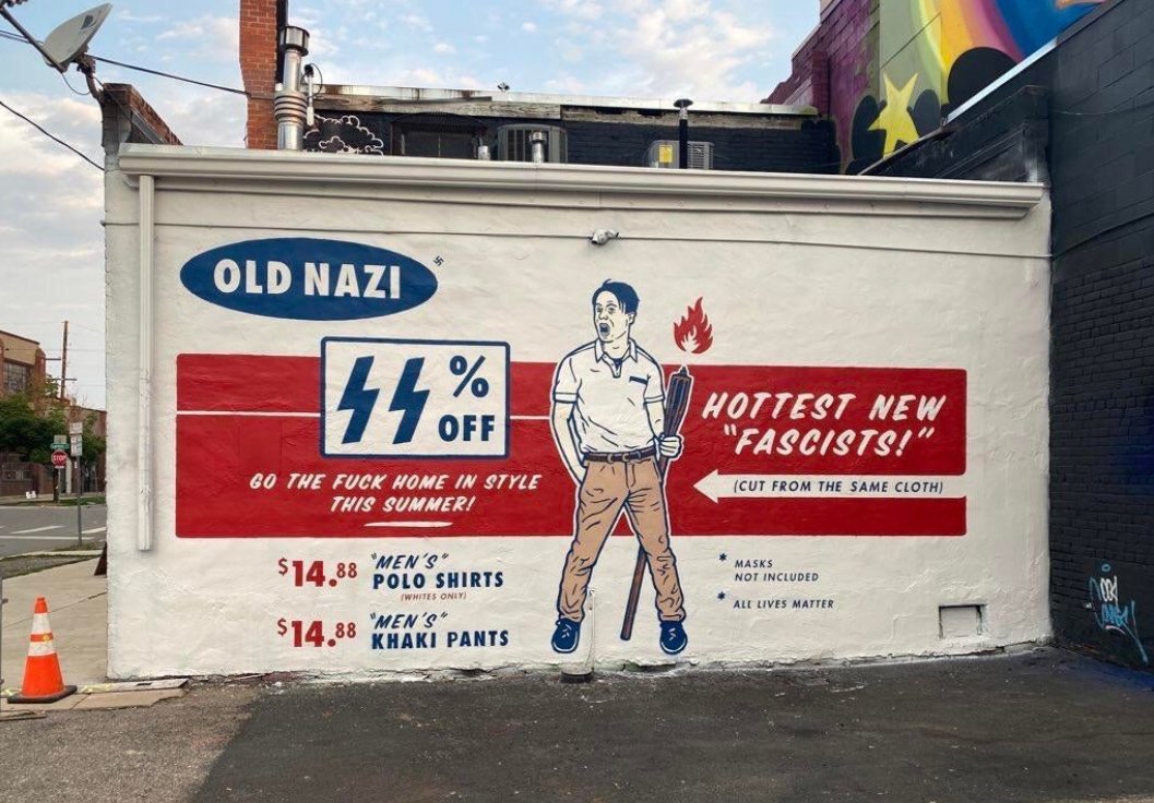 At the end of the day, this artist painted Nazi SS Bolts, 14/88, and "All Lives Matter" without providing nearly enough context or framing to indicate that this is parody.This could very well be read by a pre-2015 Nazi as a mural against "fake" Nazis like Richard Spencer.