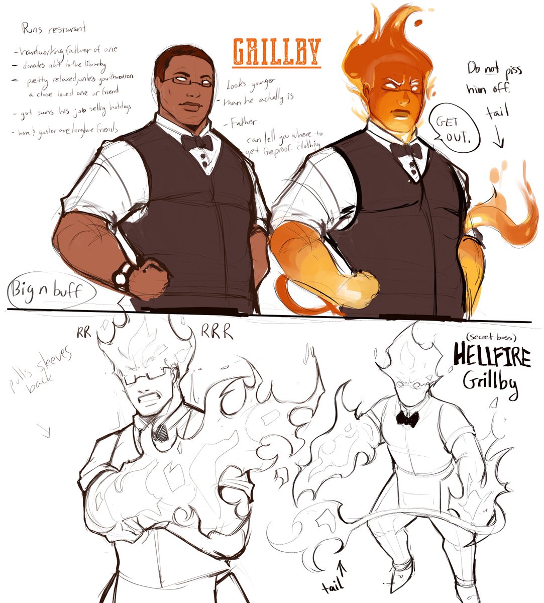 Melonchream's tweet photo. [GIJINKA] Concepts for my Grillby gijinka. I'm really proud of these! #undertale https://t.co/ZVP83ommhp