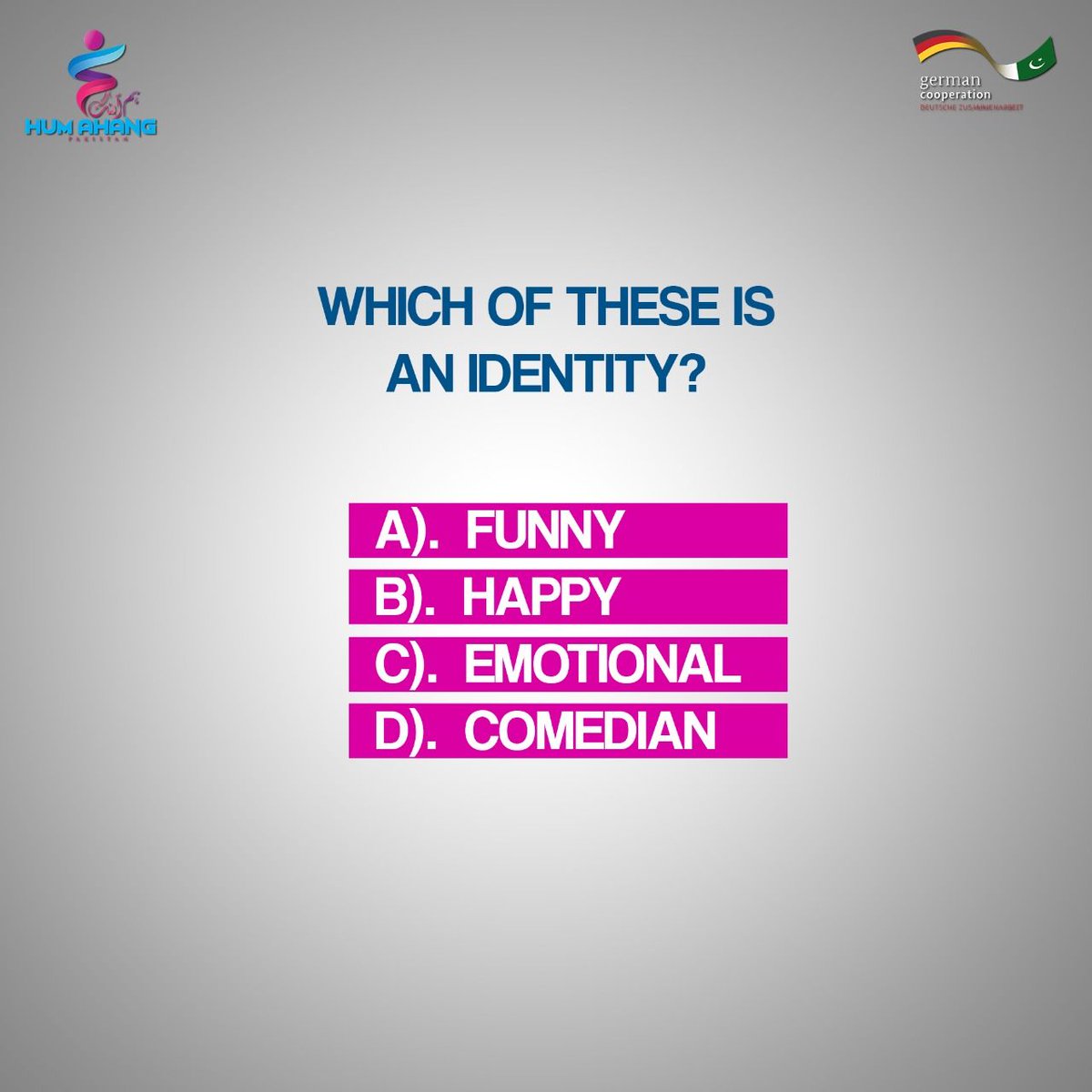 HumAhangPk's tweet photo. Choose the correct option!
#HumAhang #MeinNahiHum #SeekhainAurBaneinHumahang #SABHA #mutipleidentities #identity #singleidentities #diferrences #celebratedifferences #stayunique #acceptance #classidentity #culturaldiversity #diversity #culture #stereotype https://t.co/vqFt5qF7X4