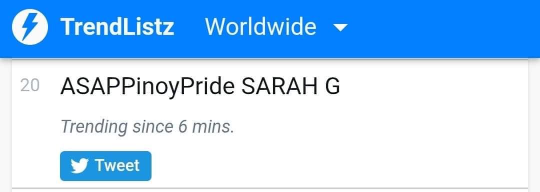PopstersSarahG's tweet photo. We’re now trending WORLDWIDE! Good Job everyone! 
@ASAPOFFICIAL #ASAPNatinTo 

ASAPPinoyPride SARAH G
@JustSarahG https://t.co/Jh66BZ2BzC