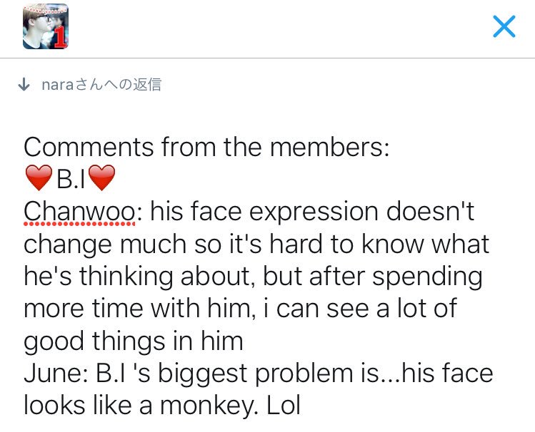 "B.I biggest problem is his face looks like a monkey" -June on Hanbin