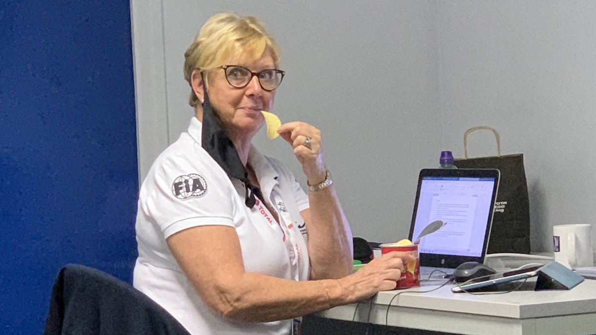 julietzhy's tweet photo. Yes anything can happy in Le Mans, especially after you have run a long stint thru the week without enough sleep, our @FiMillerPR has already started her @Pringles at 7am 😅😅😅

#LeMans24 #WEC https://t.co/48rAQLtwyQ