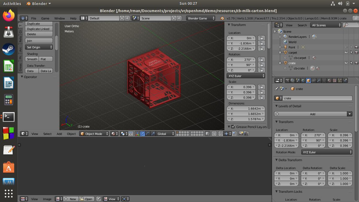 briancarlbahr's tweet image. My first working VR model.   Made in Blender and displayed with #OpenHMD demo tool.