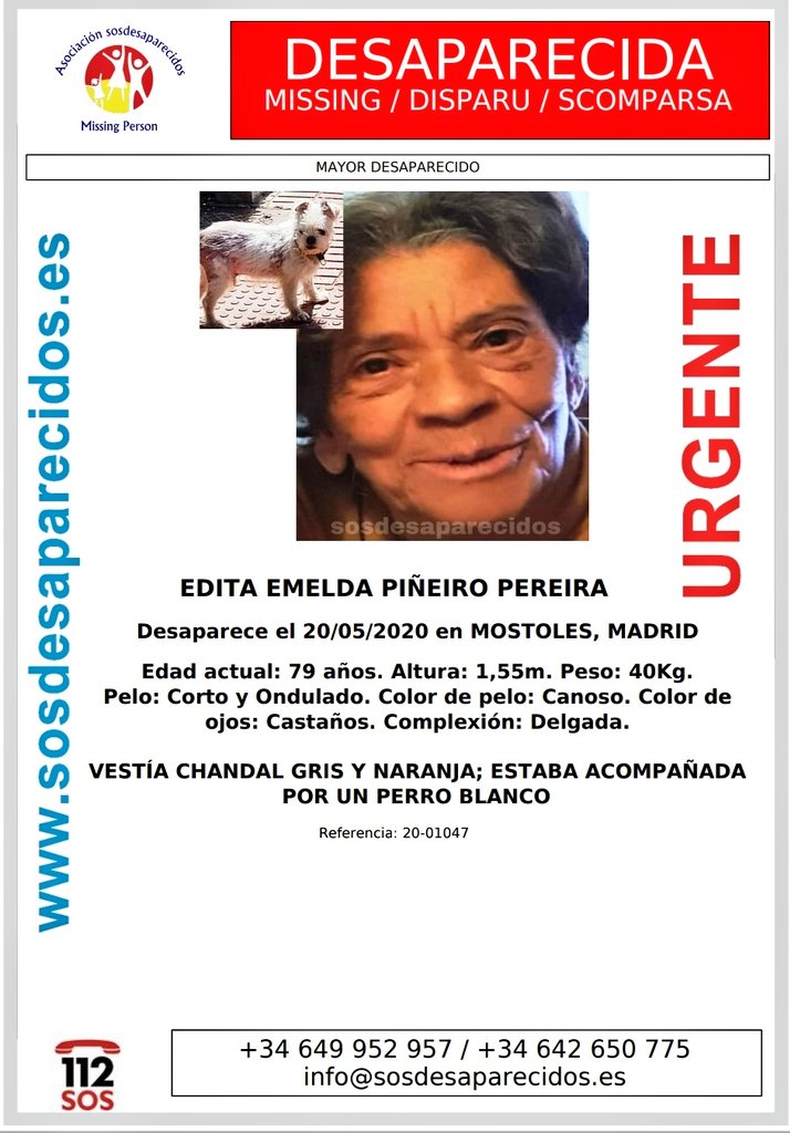 VOSTmadrid's tweet photo. #AlertaDesaparecido: Mujer de 79 años desaparecida en #Móstoles. Se ruega colaboración, en caso de tener alguna información sobre su paradero llame al 1-1-2. Vía @sosdesaparecido https://t.co/4OiK1TMnM6