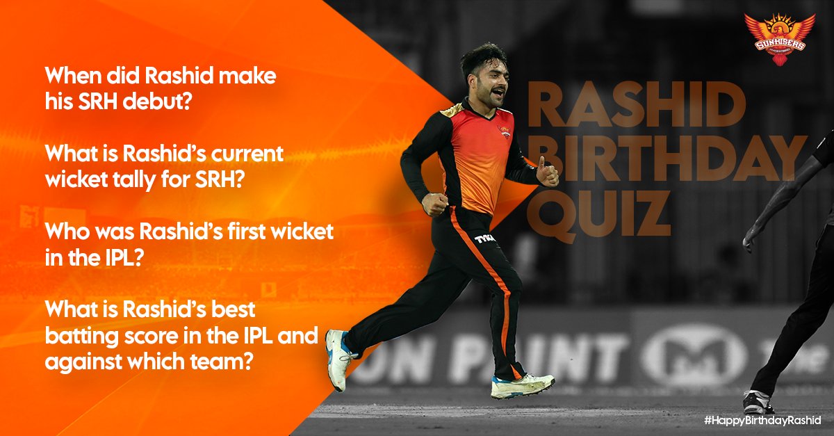 SunRisers's tweet photo. If you answer these correctly, you could receive a personalised message from the birthday boy himself.

Go, #OrangeArmy 👇

#HappyBirthdayRashid #KeepRising https://t.co/KthBbFzNFp