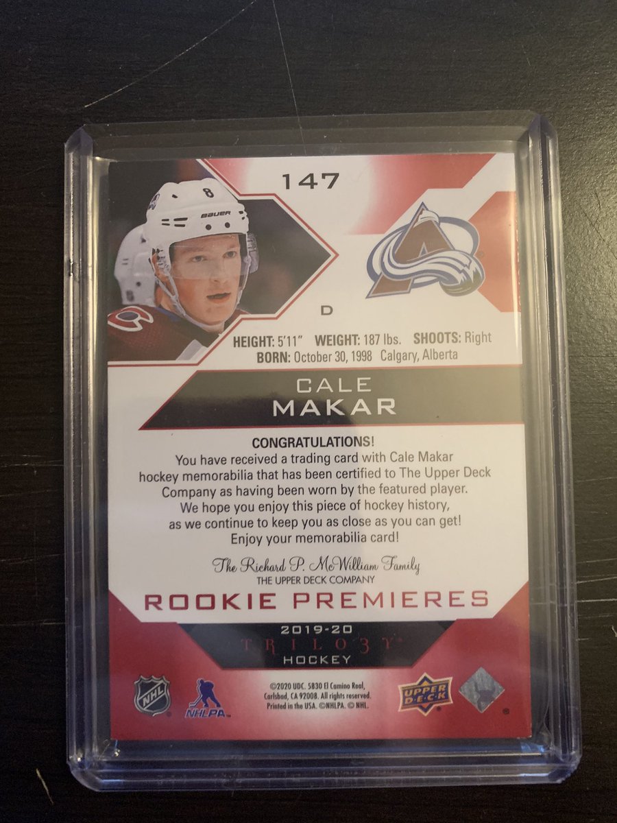 WoodLogan5's tweet image. @Hobby_Connect @HobbyConnector   19-20 Upper Deck Trilogy Cale Makar Laundry Tag 5/5 ... $400 obo #whodoyoucollect #showyourhits #showmeyourhits #HockeyCards #Collectible