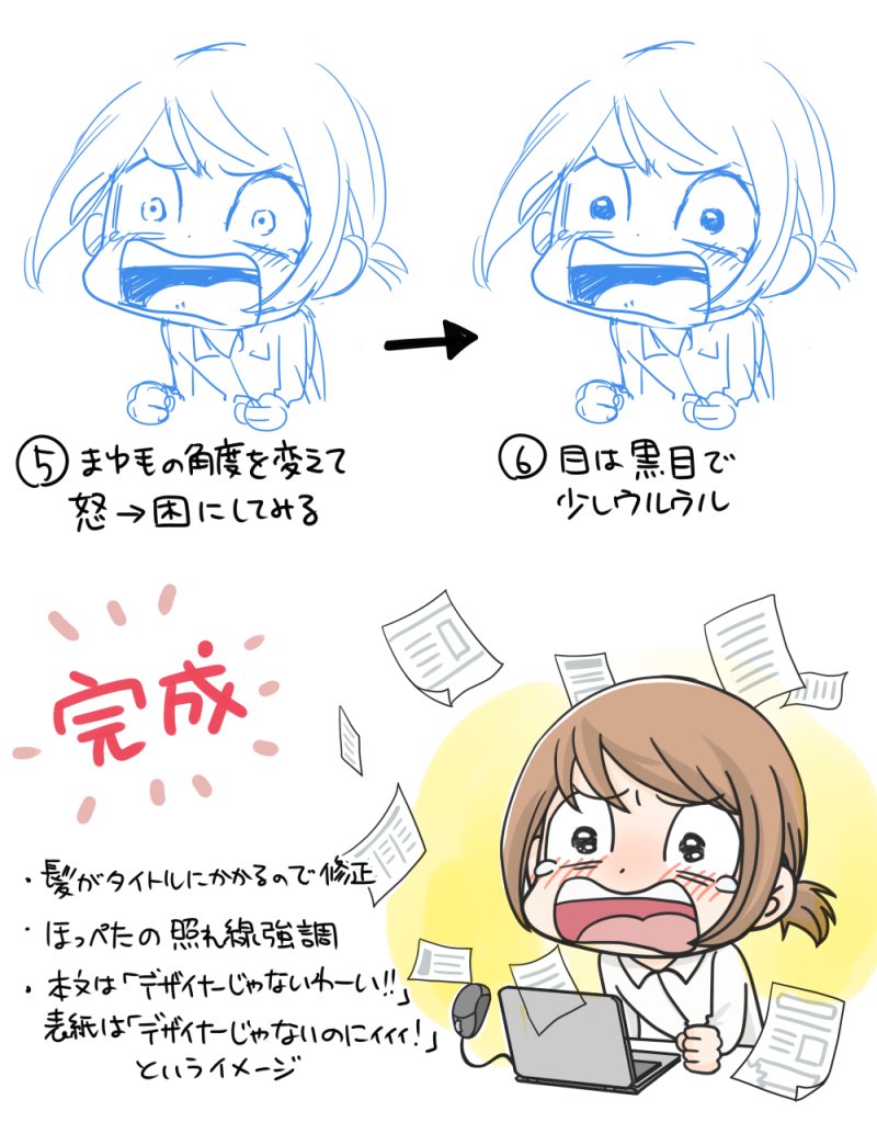 【デザイナーじゃないのに!裏話】
表紙イラストができるまで

表情が決まるまでラフを繰り返します。この後、髪の位置、眉間のシワ、襟の形、手の位置など細部の修正が入って表紙になりました。最後の最後、瞳の修正は2ピクセルの差でした… 