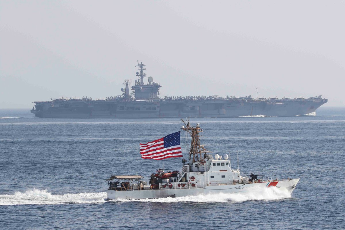 Patrolling Together. @USCG patrol boat USCGC Adak (WPB 1333) steams alongside aircraft carrier USS Nimitz (CVN 68). @USCG ships have been operating in the Middle East since the 1990s; #PATFORSWA stood up in 2002 to support regional maritime security #NavalTeamwork @USCGLANTAREA