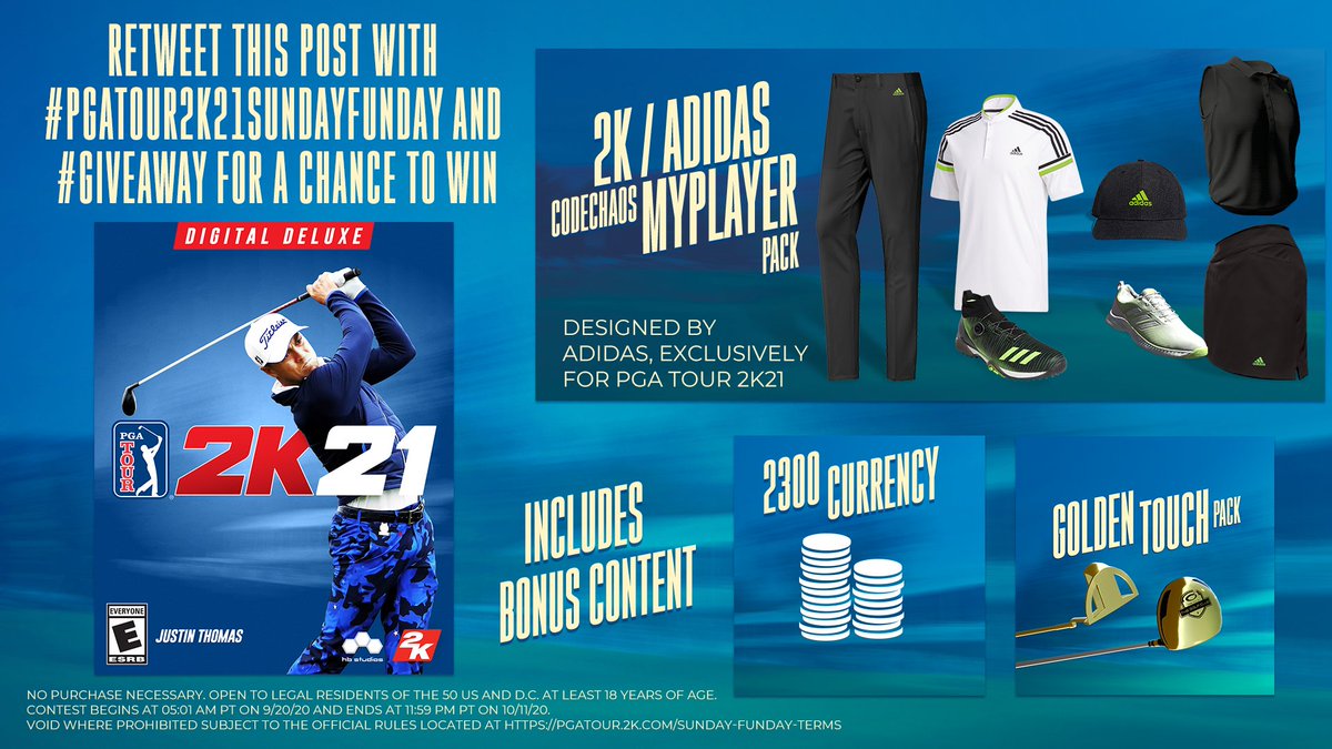 PGATOUR2K's tweet image. 🚨#PGATOUR2K21 Giveaway🚨

We're giving away a lucky member of the community a chance to win a copy of PGA TOUR 2K21 Digital Deluxe Edition. RETWEET with #PGATOUR2K21SundayFunday and #giveaway and make sure you FOLLOW @PGATOUR2K to enter. 

Rules: 2kgam.es/3cgiYNM