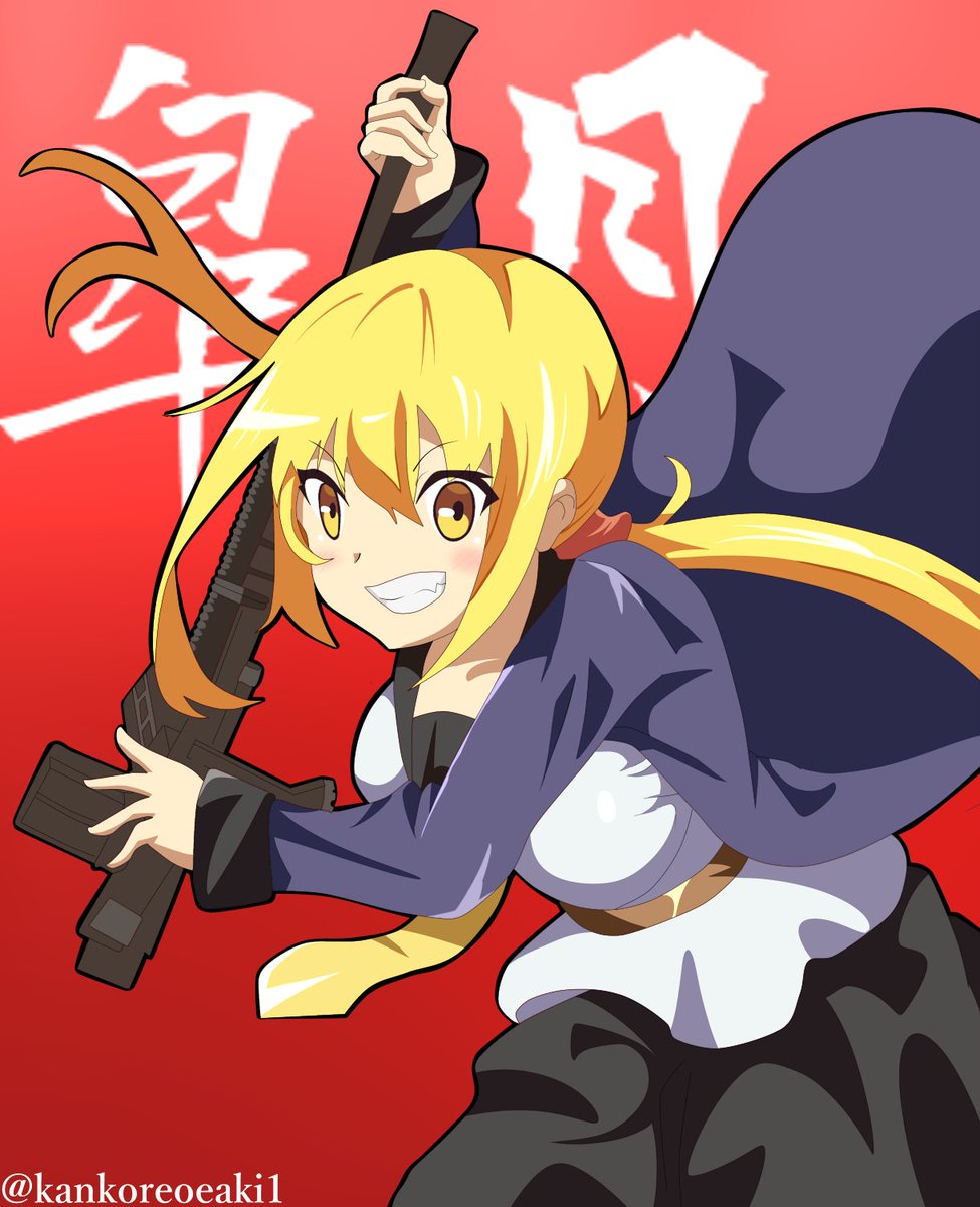 satsuki (kancolle) 1girl blonde hair solo twintails weapon long hair red background  illustration images