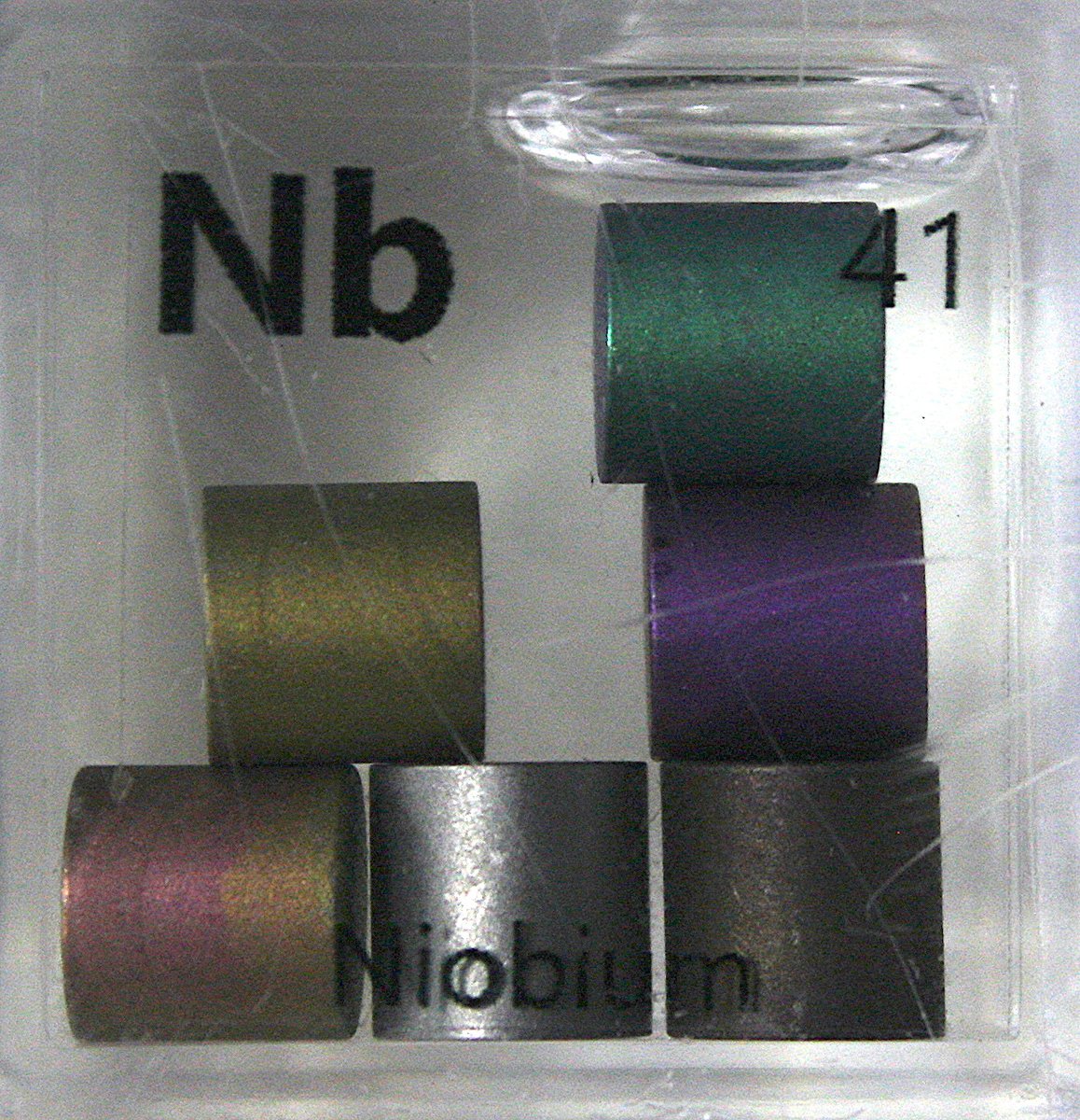 Niobium  #elementphotos. Anodising of the grey metal produces oxide coatings that vary in colour depending on the depth of the oxide layer.