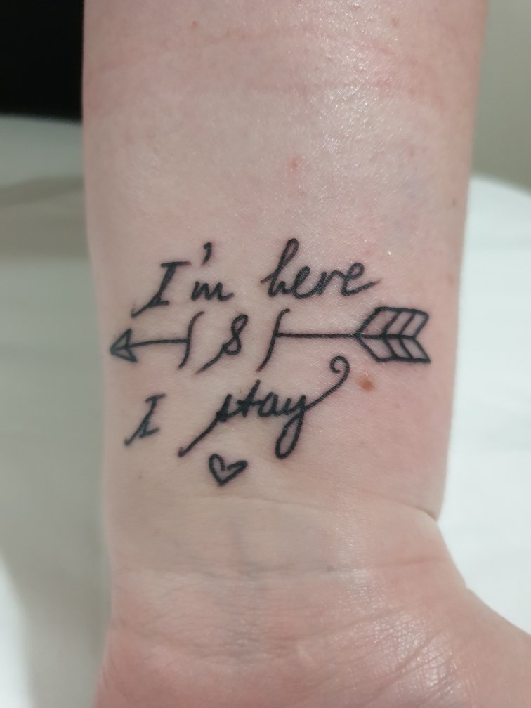 AmzLawrie's tweet photo. @AmyEarpHaught @KatBarrell Met @DominiqueP_C at Oz Comicon exactly a year ago. Asked her to write this and I went straight to get it tattooed. And got to show her the day after. Was awesome ๐ The mental health ideals behind this mean the world to me. I love this show and this cast๐#EarperInk #WynonnaEarp https://t.co/diZoHVCRbU