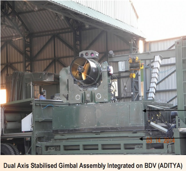 DRDO has a 100KW laser named ADITYA. Unlike the other lasers which are solid-state, this one is a Gas Dynamic Laser. It is not portable & has a lot of complex plumbing. Despite the problems, gas lasers are vital as they can be scaled up to MW power levels in a single aperture.