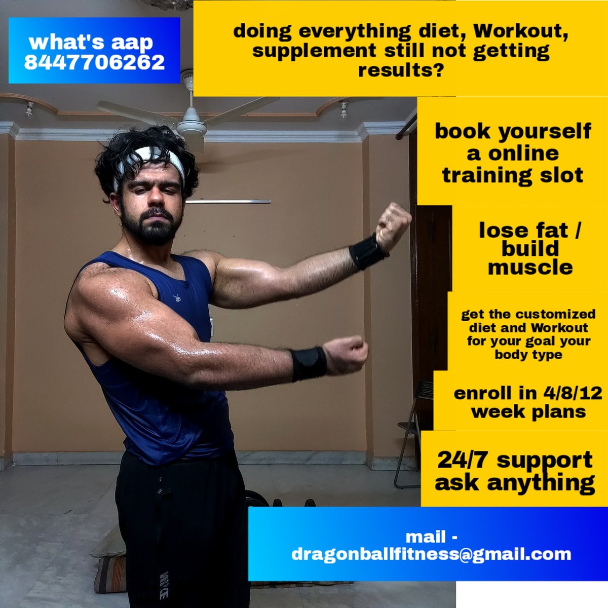 dragonballfit's tweet photo. Gyms are open guys this is the time to transform your bodies work with me everything in budget best results

For online training and transformation
 weight loss/ gain/diabetes/cholesterol
What's aap 8447706262 
Mail- dragonballfitness@gmail.com
#fitness #gym #personaltrainer https://t.co/zBUGdsbZO4