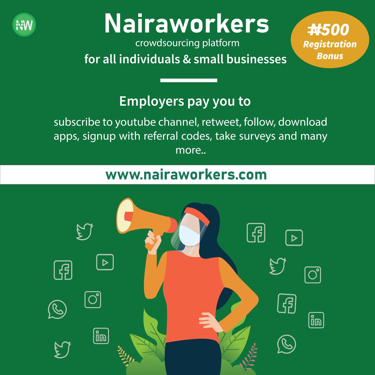 Nairaworkers is a freelancing, outsourcing and crowdsourcing platform.

Through our platform, clients can hire freelancers to help promote and grow their business online

N500 registration bonus to get started.

Visit nairaworkers.com to Learn more and Sign up