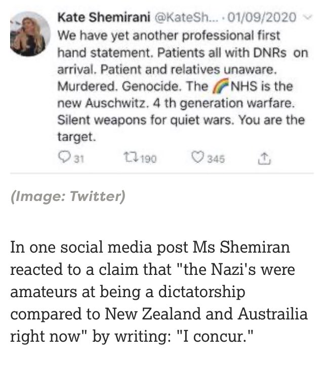 ...It’s a claim Kate Shemirani has also made  https://www.thejc.com/news/uk/suspended-nurse-at-the-centre-of-anti-lockdown-protests-called-nhs-the-new-auschwitz-1.506453