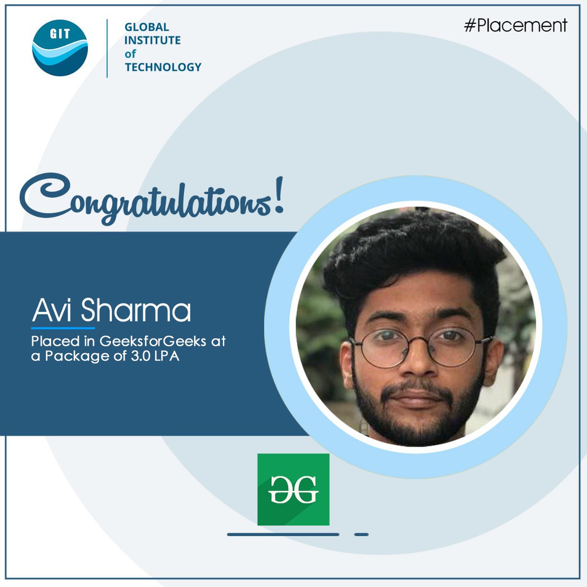 GIT_Jaipur's tweet photo. We congratulate Avi Sharma for getting placed in Geeks for Geeks at the package of 3.0 LPA!
#placements   #gitjaipur #geeksforgeeks https://t.co/8Fc6lD5pbI