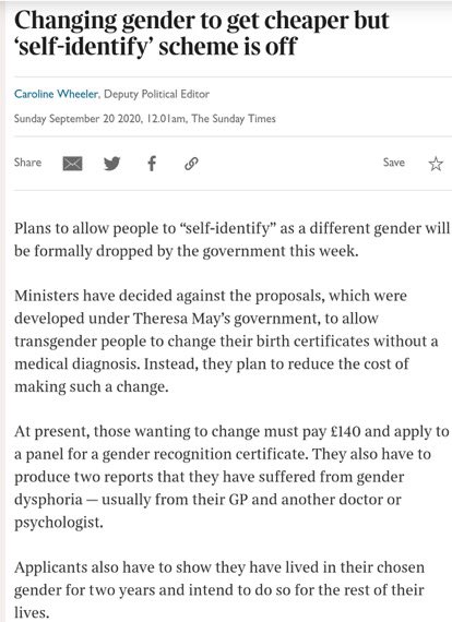 The article reiterates the frame that ppl are against trans access to single sex space (SSS) (irrelevant to the GRA). It is exactly here that Gender Critics (GC), wider transphobes, far right and our govt meet: creating a moral panic in order to destroy the Equality Act (EA) /2