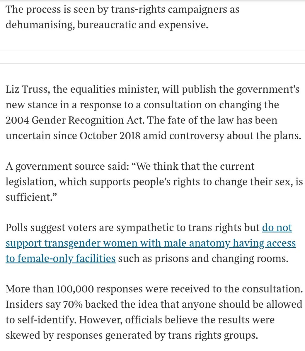 The article reiterates the frame that ppl are against trans access to single sex space (SSS) (irrelevant to the GRA). It is exactly here that Gender Critics (GC), wider transphobes, far right and our govt meet: creating a moral panic in order to destroy the Equality Act (EA) /2