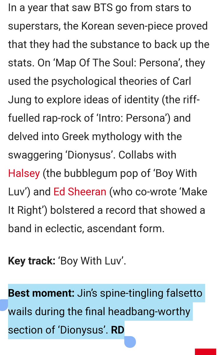 NME:Best moment: Jin’s spine-tingling falsetto wails during the final headbang-worthy section of ‘Dionysus’.  https://www.nme.com/features/the-greatest-albums-of-2019-2586777?amp&__twitter_impression=true #방탄소년단진  #BTSJIN  #Jin  #SEOKJIN  @BTS_twt