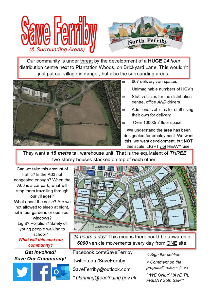 We want employment and development.
But NOT this scale. NOT 24 hours.
Wykeland have PROMISED us 'in-keeping' with the current commercial buildings.

Sign the petition 
change.org/SaveFerriby

Contact the Council 
planning@eastriding.gov.uk
Reference: 20/02150/STPLF

#SaveFerriby