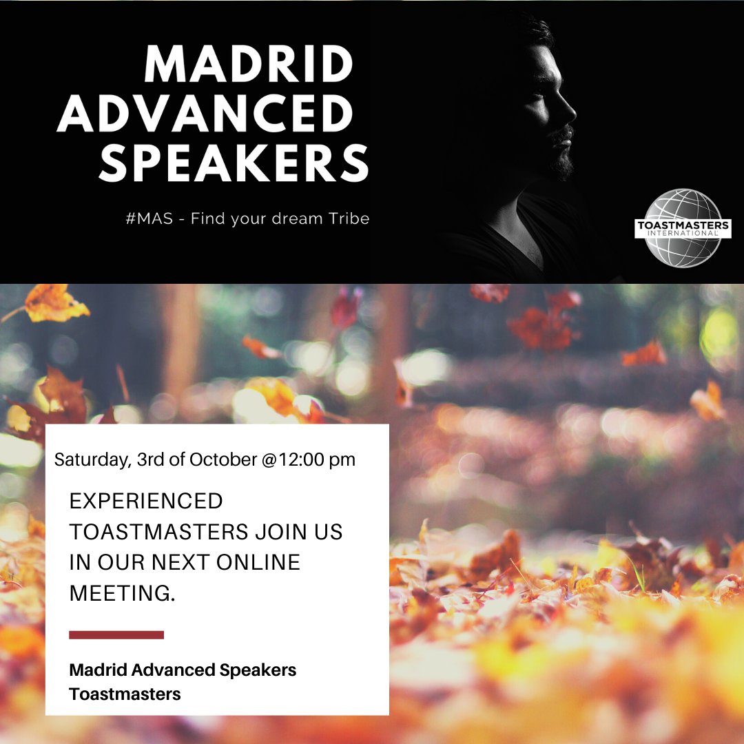 Experienced Toastmasters, join us in our next online meeting on Saturday the 3rd of October. #Toastmasters #publicspeaking