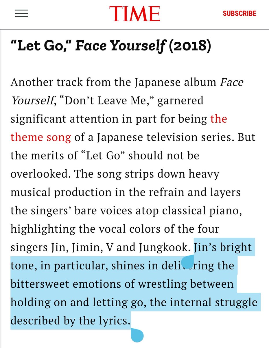 TIME: "Jin’s bright tone, in particular, shines in delivering the bittersweet emotions of wrestling between holding on and letting go, the internal struggle described by the lyrics." #방탄소년단진  #진  #Jin  #SEOKJIN