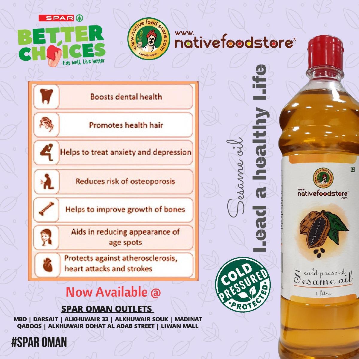 spar_oman's tweet photo. Discover the goodness of cold-pressed oils from #NativeFoodstore exclusively at Spar! These 100% natural oils have the nutrition & goodness of mother earth. Choose between coconut, groundnut & sesame or get them all home & bring healthy to your kitchen. #sparbetterchoices https://t.co/Zg998hbE1O