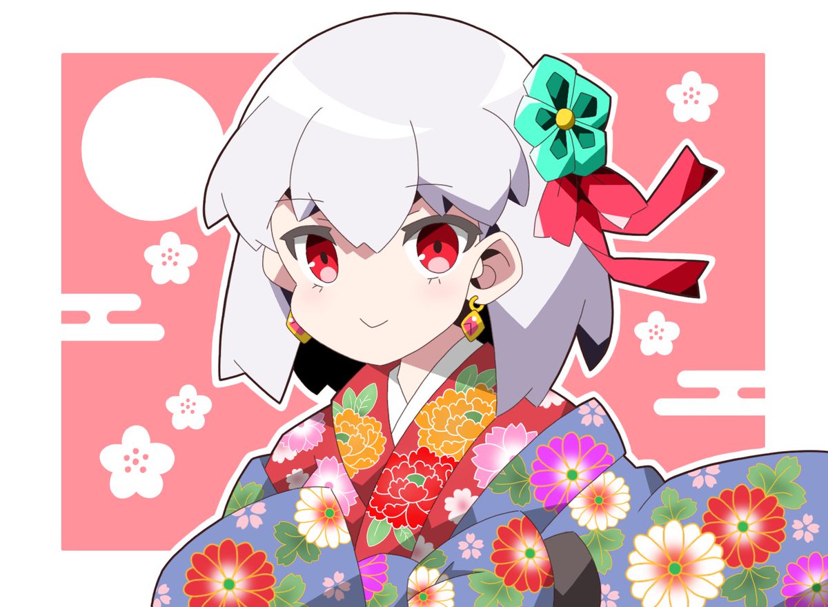 kama (fate) 1girl japanese clothes red eyes kimono earrings jewelry floral print  illustration images