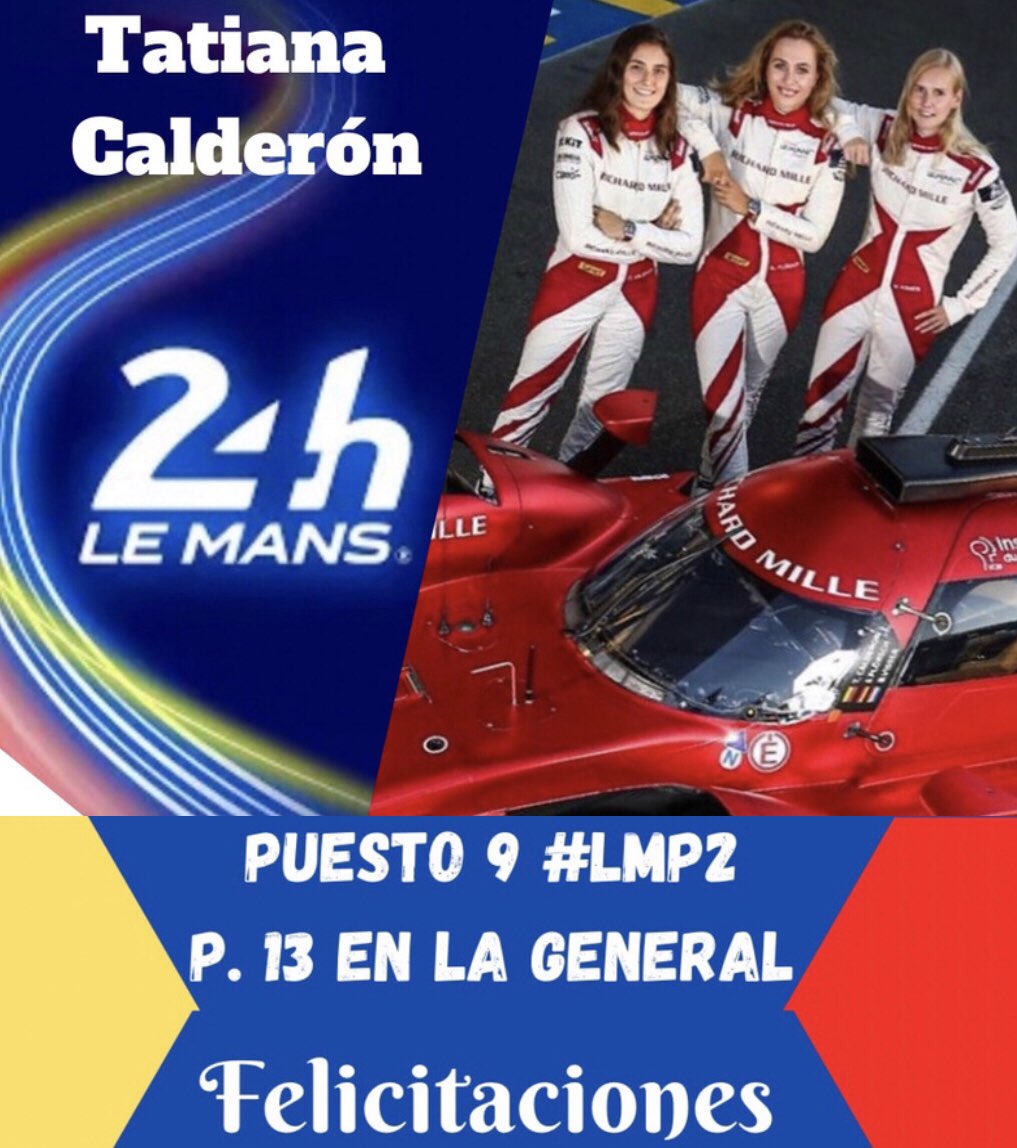 #ColombiaEnLeMans #orgullocolombiano🇨🇴🏁<a href="/TataCalde/">Tatiana Calderon</a> 💐termina sus primeras #LeMans24H en el TopTen. Con la colombiana al volante del Oreca #50 de #RichardMilleRacing cierra en el P.9 de la Clase #LMP2 y 13 de la general. 💪🏼🏁🇨🇴🍾👏🏻👏🏻<a href="/MinDeporteCol/">Ministerio del Deporte</a> #ColombiaTierraDeAtletas 🇨🇴
