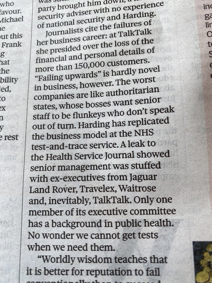 Shocking statistic from <a href="/NickCohen4/">Nick Cohen</a> in today’s Observer: ‘Only one member of the executive committee of the NHS test-and-trace Service has a background in public health.’ Guess where the rest come from?