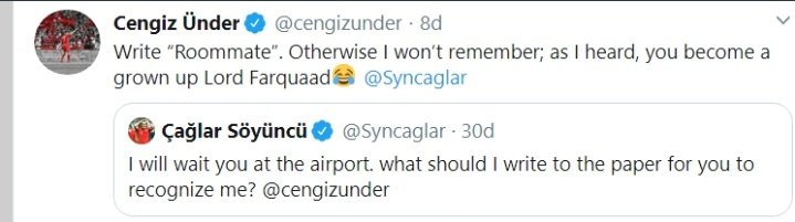 TransferMerkez's tweet photo. Çağlar Söyüncü: "Havalimanında beni tanıman için kâğıda ne yazmalıyım?" 

Cengiz Ünder: " 'Oda arkadaşın' yaz. Yoksa tanımayabilirim. Çünkü görüşmeyeli Lord Farquaad gibi olmuşsun." 😂 https://t.co/gQ6LBdT5Jp