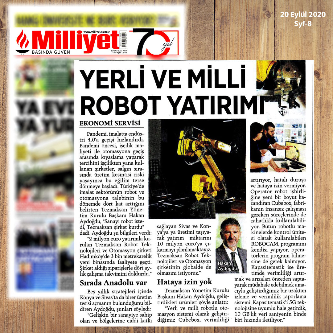 TezmaksanMakina's tweet photo. "Yerli ve Milli Robot Yatırımı"
Bugün @milliyet Gazetesi'ndeyiz.
#yerlivemilliyazılım #yerliyazılım #robot #robotprogramlama #endüstri40 #otomasyon #robotluotomasyon #robototomasyon #imalatsektörü #talaşlıimalat #sanayiderobot #cncrobot #cncyazılım #cubebox #robocam https://t.co/MqNGUAwY49