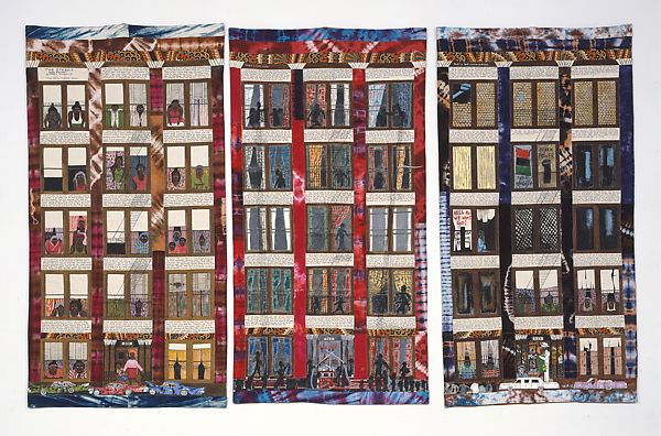 "Street Story Quilt," shows one Harlem building over the course of decades. It's accompanied by a story of redemption. With her story quilts, Ringgold combined race and feminist issues with narratives to comment on cultural and personal histories (7/17)