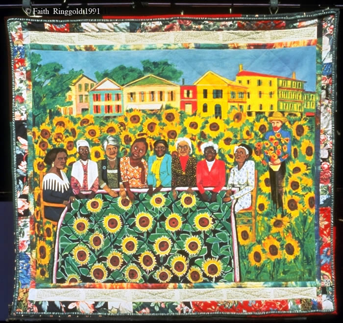 My favourite quilts by Ringgold are "The Sunflower Quilting Bee at Arles" (1996)and "Street Story Quilt" (1985, at  @metmuseum). The first depicts famous Black women, including Madam C.J. Walker, Sojourner Truth, Ida Wells, Harriet Tubman, Rosa Parks, and others (3/17)