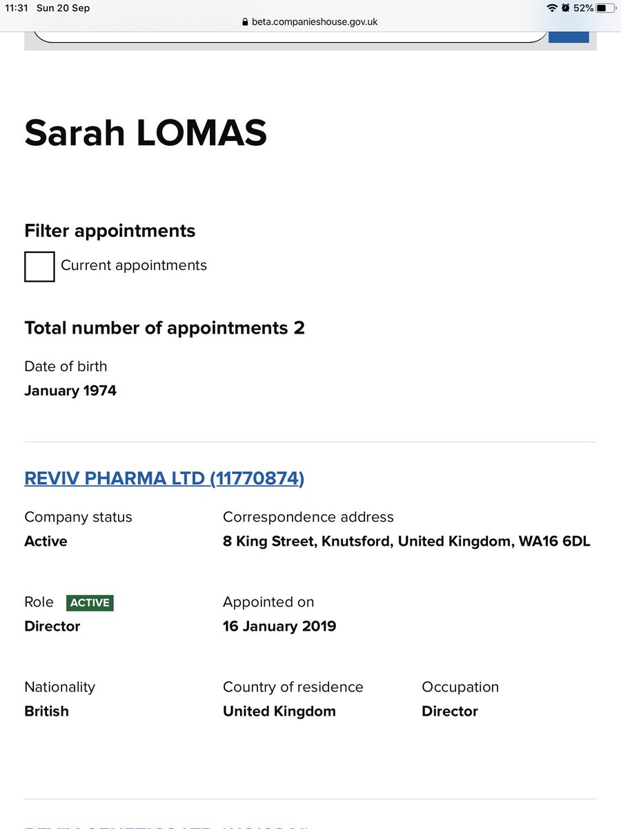 SorrySarah LomasAccording to the above Director doc her year and month of birth is Jan 1974It takes a few searches to link her to some more companies apart from Reviv Genetics Ltd and Reviv Pharma Ltd (ie the Reviv Genetics link)