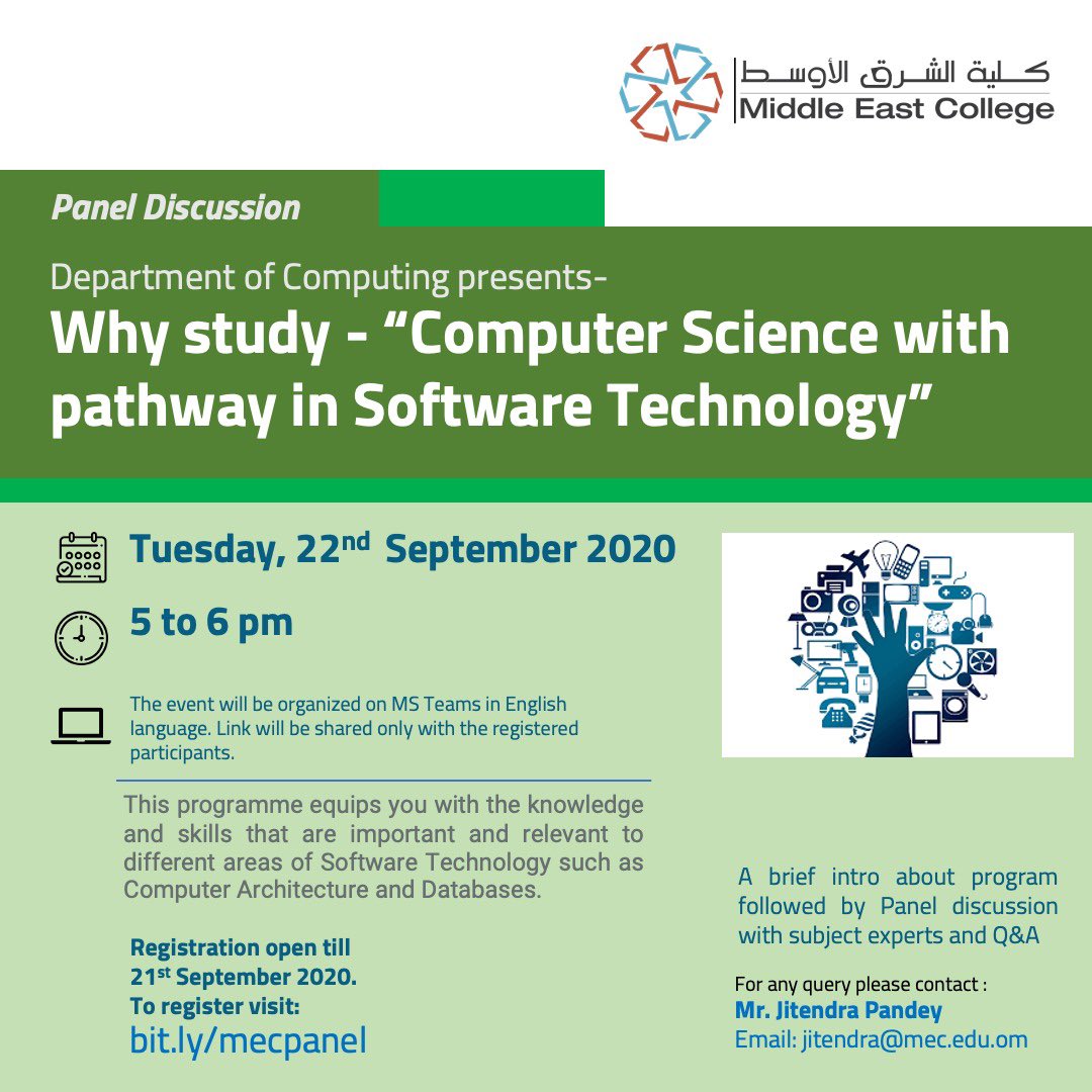 MEC_Oman's tweet image. Be a part of our #Panel_Discussion why study - #Computer_Science with pathway in #Software_Technology 
 
Register Now ⤵️

bit.ly/mecpanel

Read more about our #computing programmes ⤵️

bit.ly/2FZ4Jkp