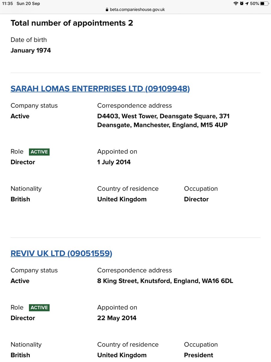 Here are some more companies that seem linked through her.Sarah Lomas Enterprises LtdReviv UK ltdReviv Capital LtdReviv enterprises LtdReviv Manchester LtdReviv Spain LtdAnd - of course Reviv Global Ltd.