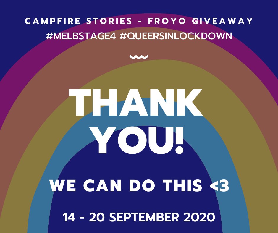 Thanks to everyone who participated in #queersinlockdown this week! We've sent DMs to all winners and are arranging postage of your froyo coupons 💜🍦 Tune into the next Campfire Stories gathering on 1 October at 7:15 PM via campfirestories.site for more #queerstorytelling